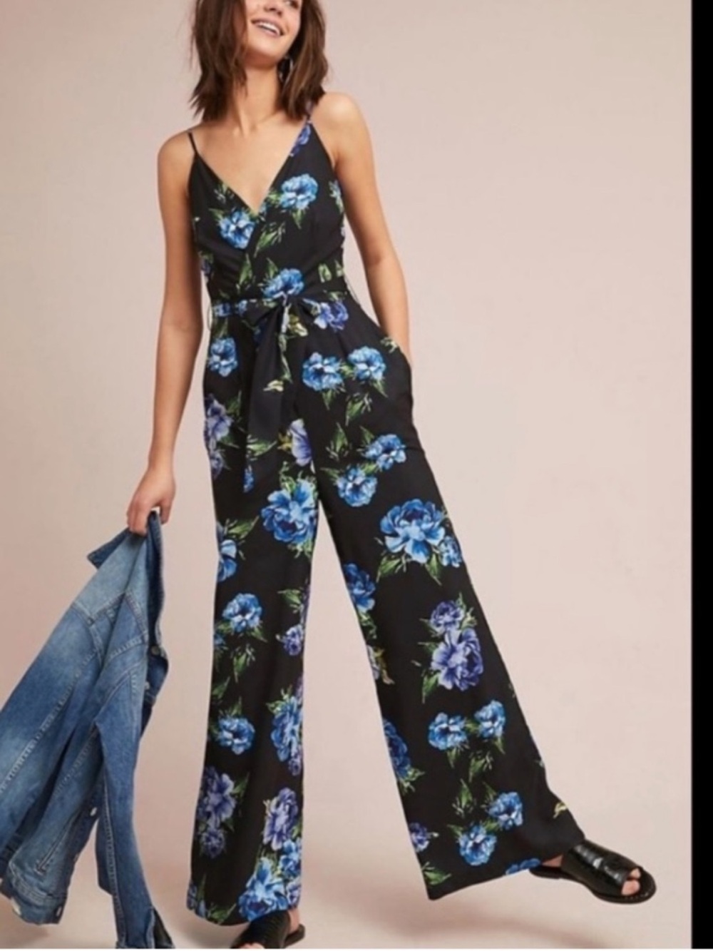 Anthropologie Yumi Kim Black Floral Wide Leg Jumpsuit Size Small Petite